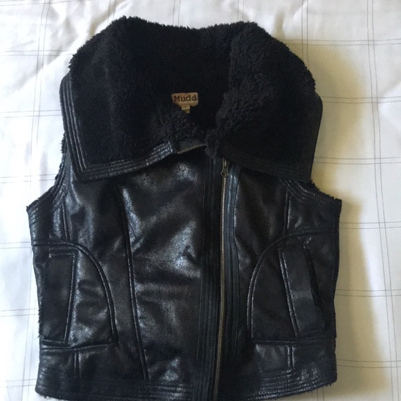 MUDD Black Faux Leather Fur Sherpa Asymmetrical Zip Moto Jacket Vest Sz Large - Picture 6 of 12
